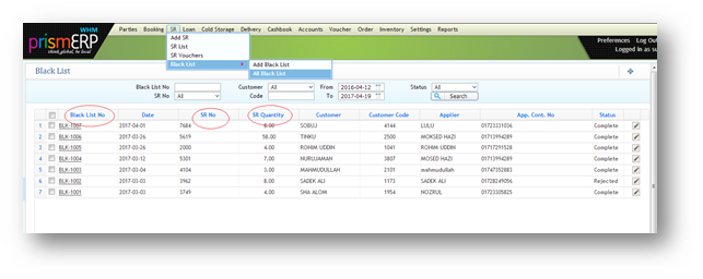 List Page View of Black List
